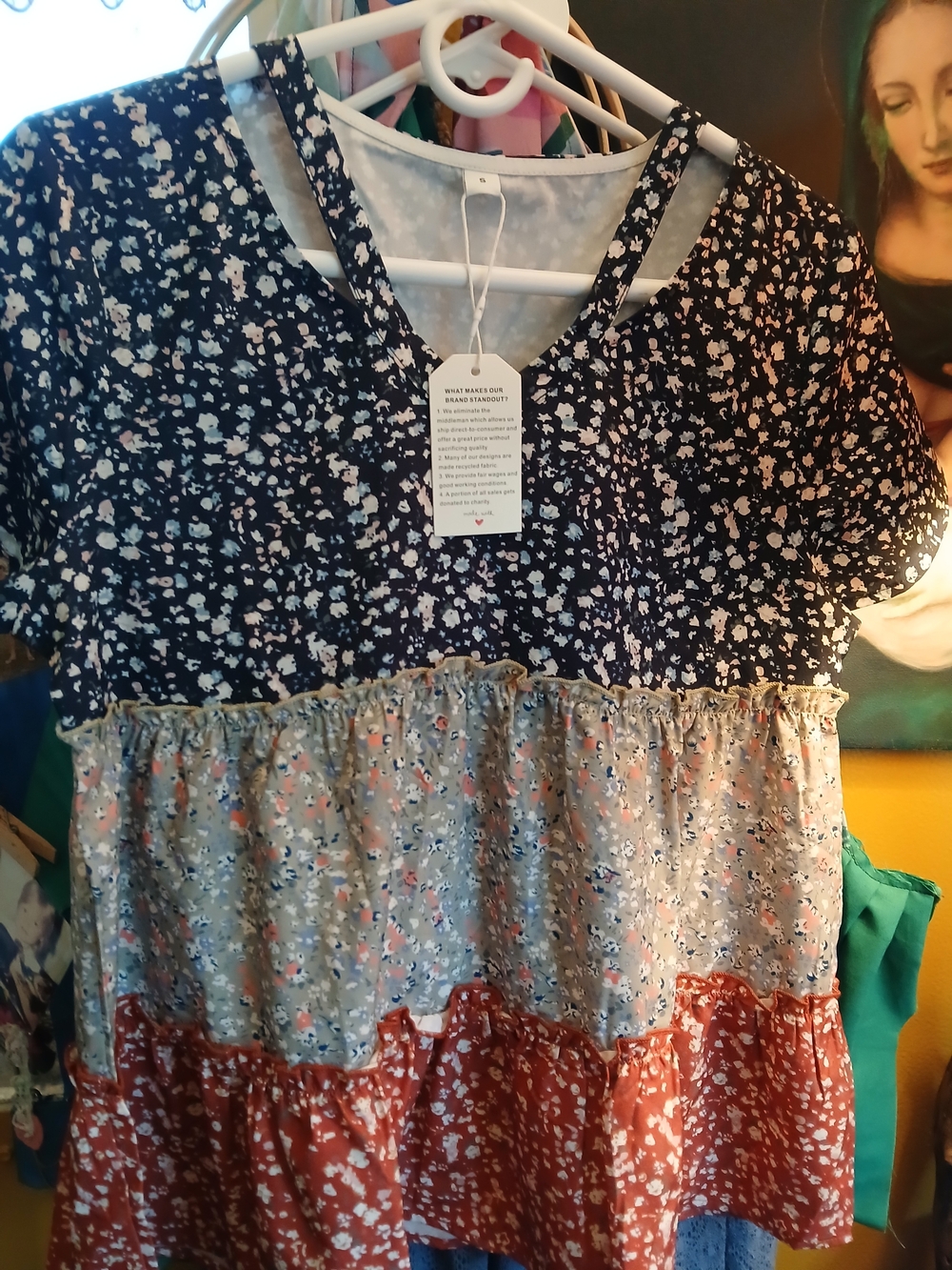 Floral Tiered Short Sleeve Blouse in Navy, Light Blue & Rust